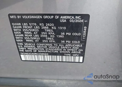 2024 Volkswagen Atlas Cross Sport 2.0T Sel R-Line from USA, damaged, VIN 1V2AE2CA0RC236583